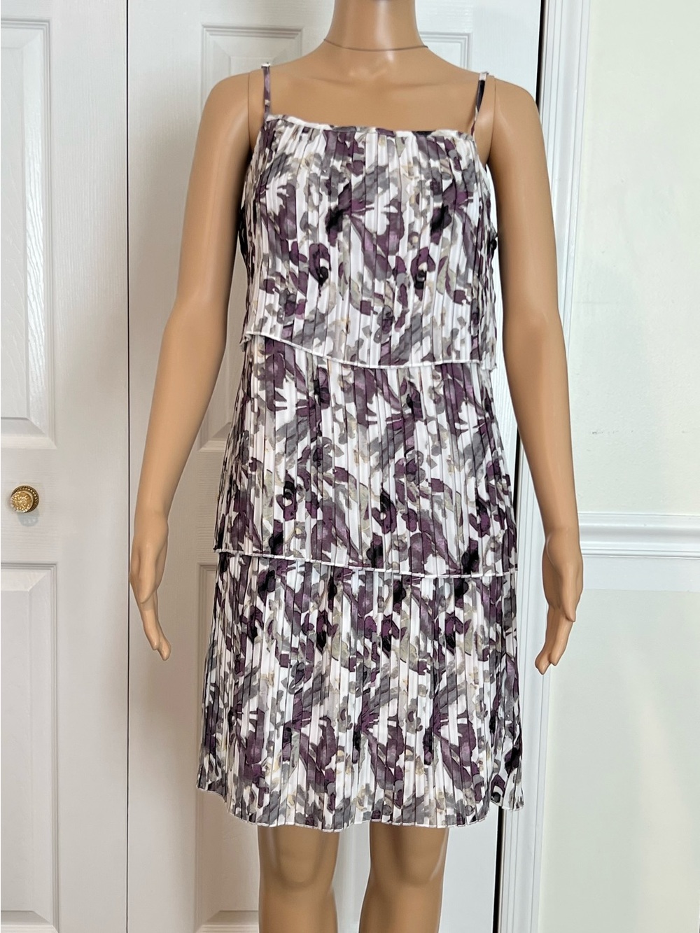 Essentials Tiered Dress Purple white with Green Floral Pattern  Size 8